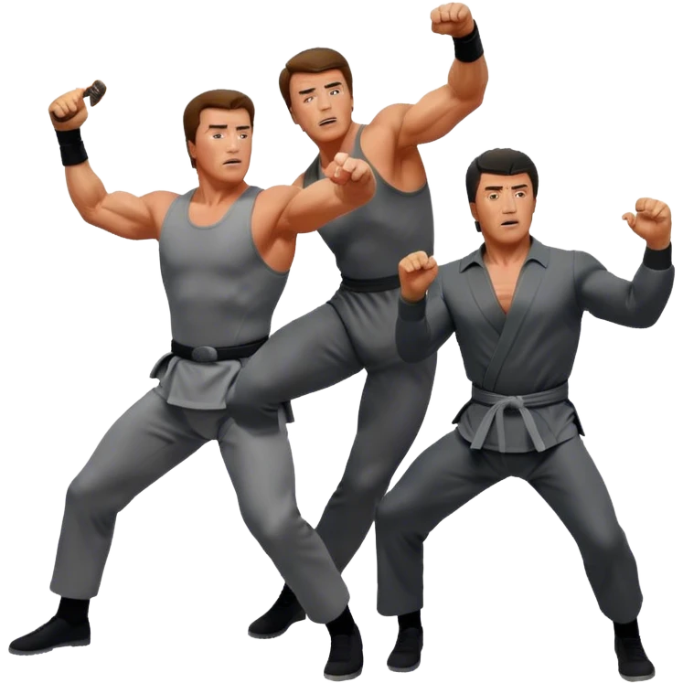 Icon for Action Movies: Collage of photorealistic actors Arnold Schwarzenegger and Sylvester Stallone in iconic action poses, surrounded by explosions, weapons, and martial arts moves. The design should capture the high-energy, dynamic nature of their films. Transparent background. emoji