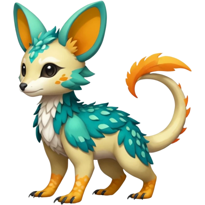 Rare realistic exotic cute epic pretty beautiful handsome gorgeous aesthetic colorful vibrant Vernid-Trico-species-Fakemon-creature by LiLaiRa, random markings, tufted ears, full body emoji