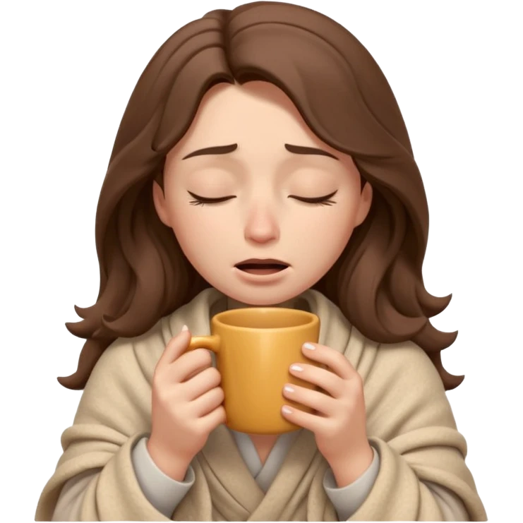 emoji-style illustration of a crying relaxed woman with long wavy brown hair, wrapped in a cozy beige blanket, holding a mug cup, eyes closed, sad and a bit anxious expression, soft 3D cartoon rendering, warm and comforting mood, plain background
 emoji