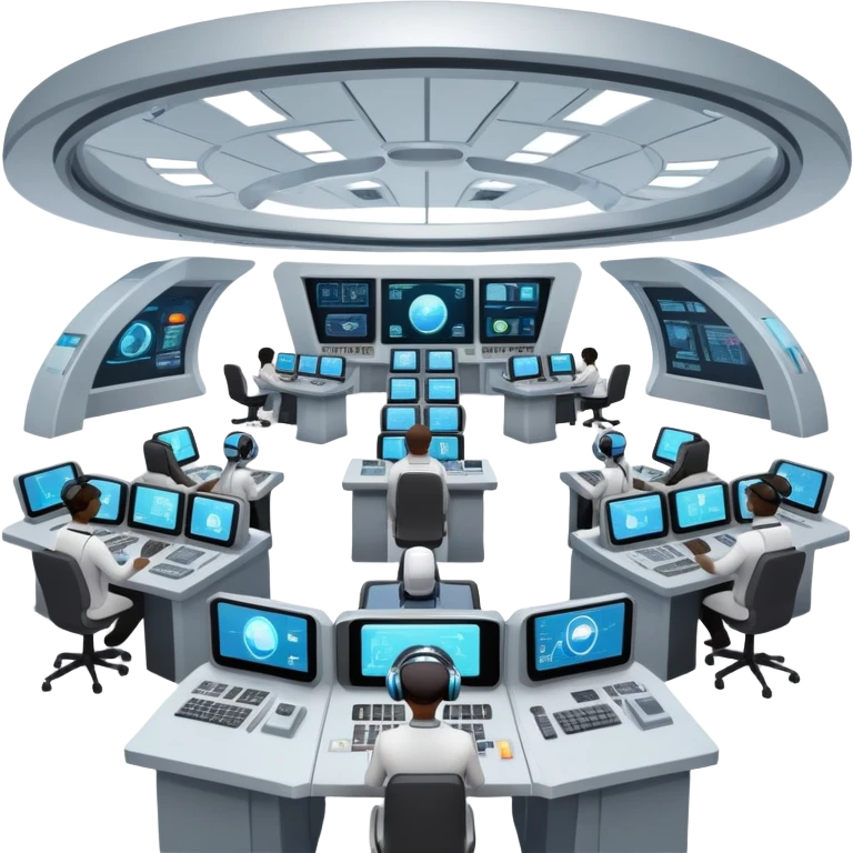futuristic space mission control room with holographic displays and mission controllers at stations emoji