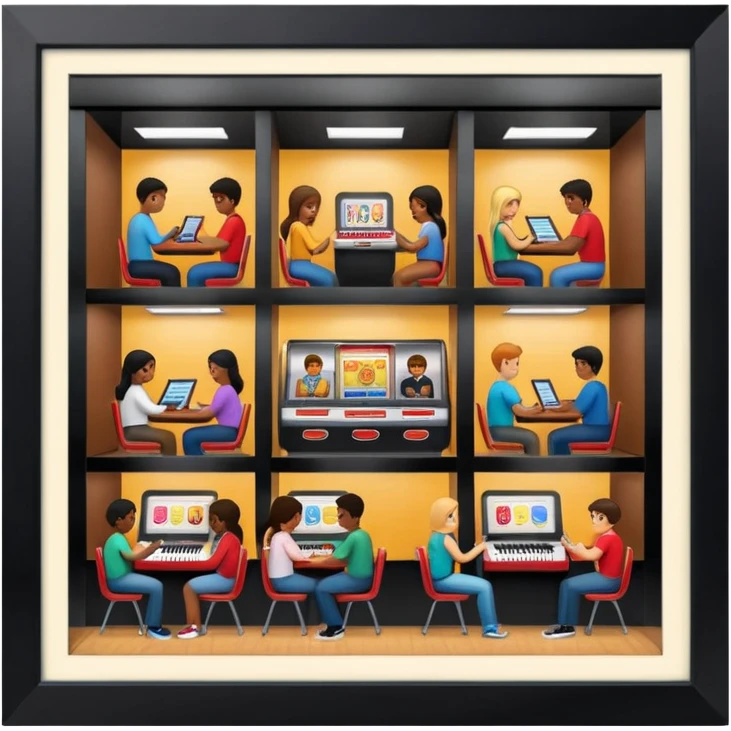 Birdseye view of large study space with students working separately add students add a jukebox emoji