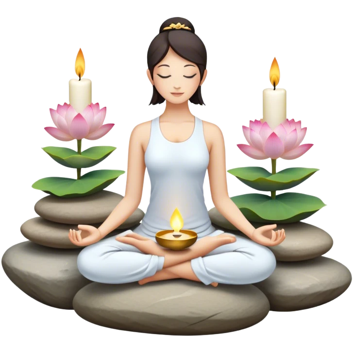 A photorealistic icon featuring a peaceful meditation pose, lotus flowers, candles, and calming natural elements like stones and incense. Soft, tranquil colors with detailed textures and lighting that convey a sense of calm and mindfulness. Transparent background. emoji