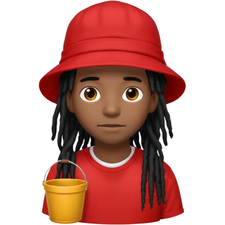 dark brown skin, black hair dreadlocks, wear red t-shirt, black bucket hat emoji