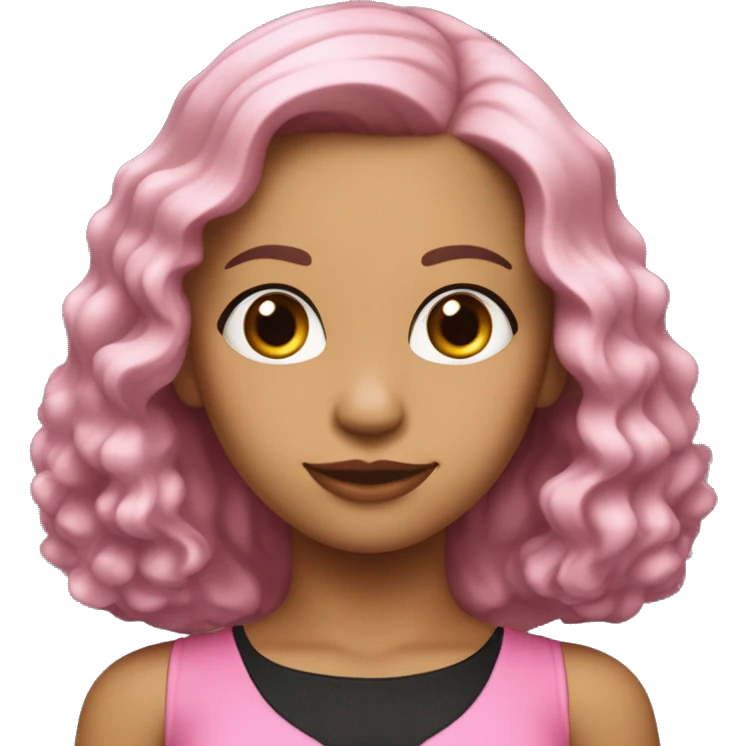 Una chica piel blanca con cabello ondulado negro y largo hasta los hombros, con lindas pestañas y un top rosa emoji