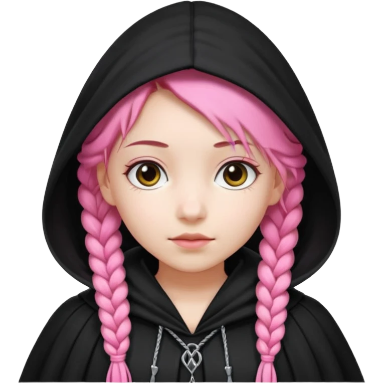 pink braids hair kid girl, white skin, wear black cloak emoji