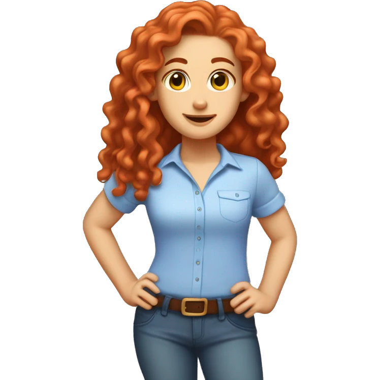 white girl with long red curly hair, wearing a pastel periwinkle shirt doing a pose emoji