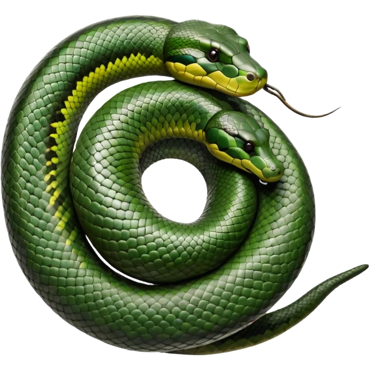A photo-realistic top-down view of a Green Anaconda tightly coiled in a spiral, with its broad, flat head resting at the center. Its thick, muscular body is olive-green and covered in symmetrical, bold black oval spots that stand out against its smooth scales, creating striking natural camouflage. emoji