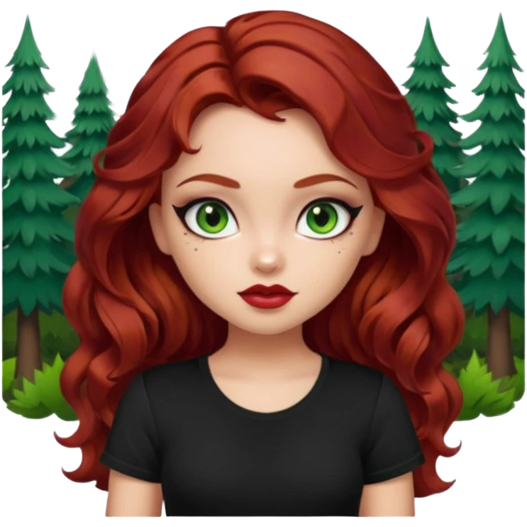 a pretty fair bratz girl with wavy dark red hair, wearing a black tee. eyeliner on, forest green eyes. Waist up emoji