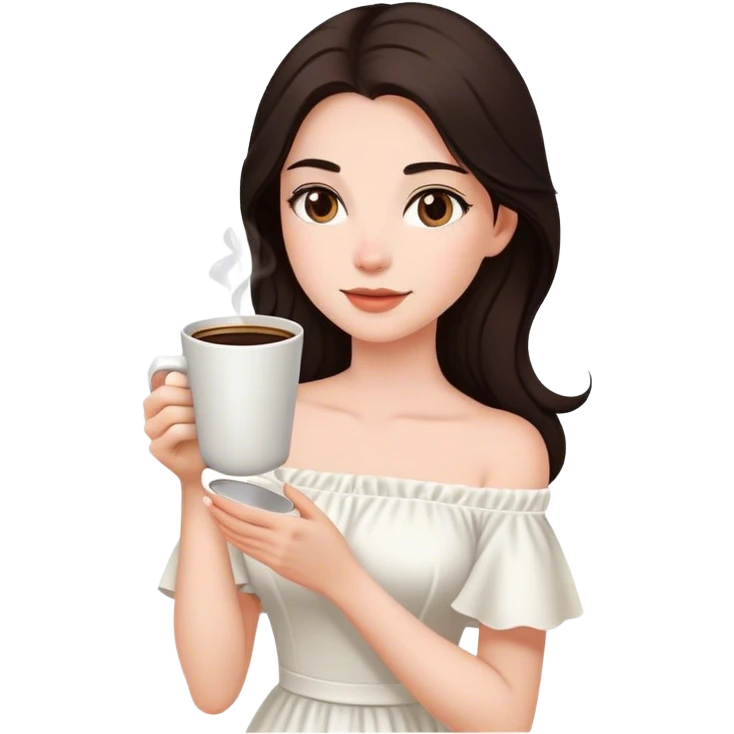 Beautiful woman in 1950’s woman fashion look, off-shoulder white dress, long dark brown hair, coffee emoji
