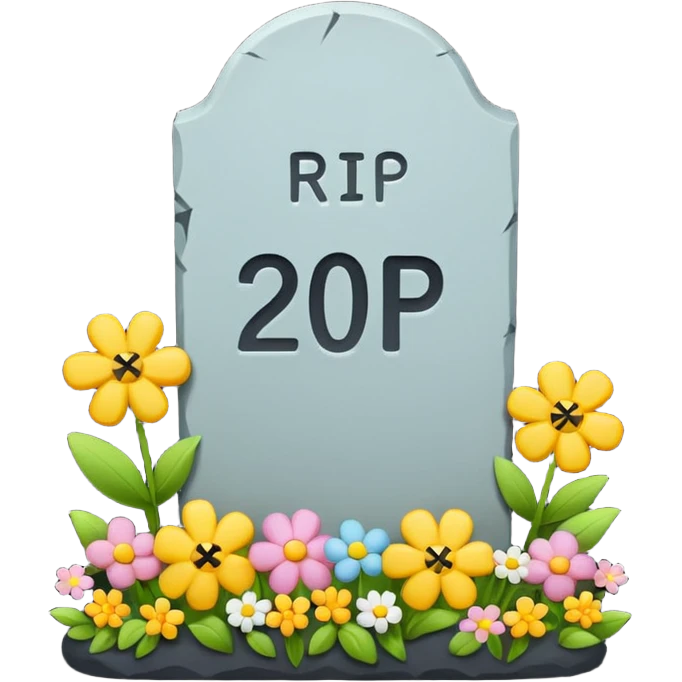 Cute emoji illustration of a tombstone with text "RIP 20’s", small flowers, ironic and playful mood, pastel colors, minimal flat emoji style, clean background, high resolution, suitable for WhatsApp profile and print emoji