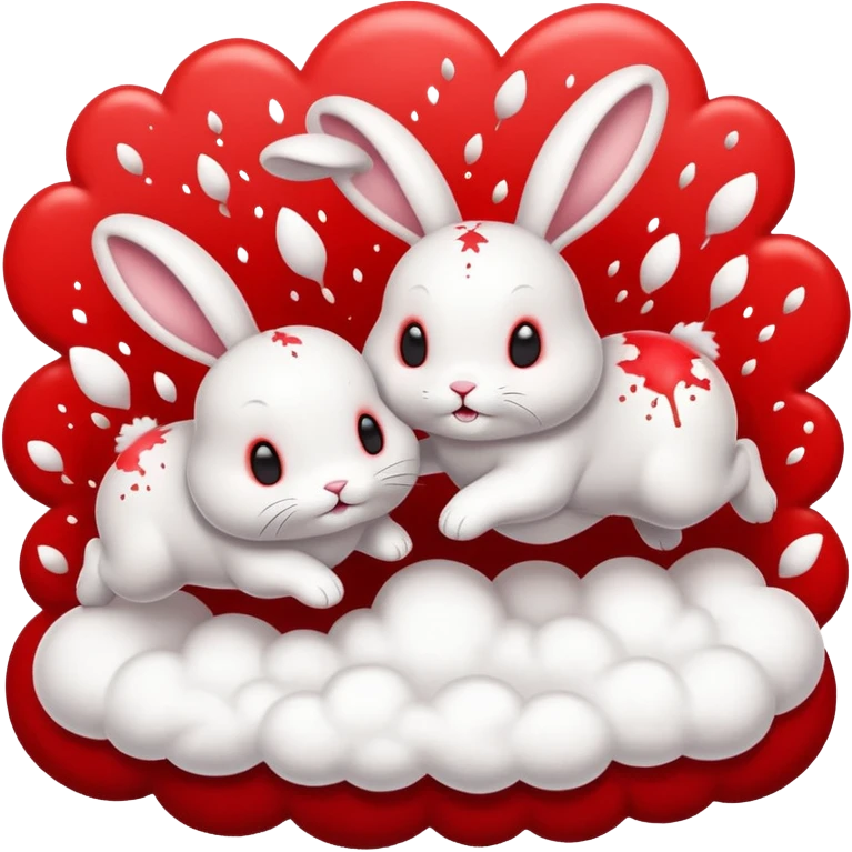 a cute little fluffy bunny is jumping on top of another cute fluffy bunny. the bottom bunny is exploding in a cloud of splatter. similar to the game jump and bump. simplified, minimalistic, emoji style. emoji