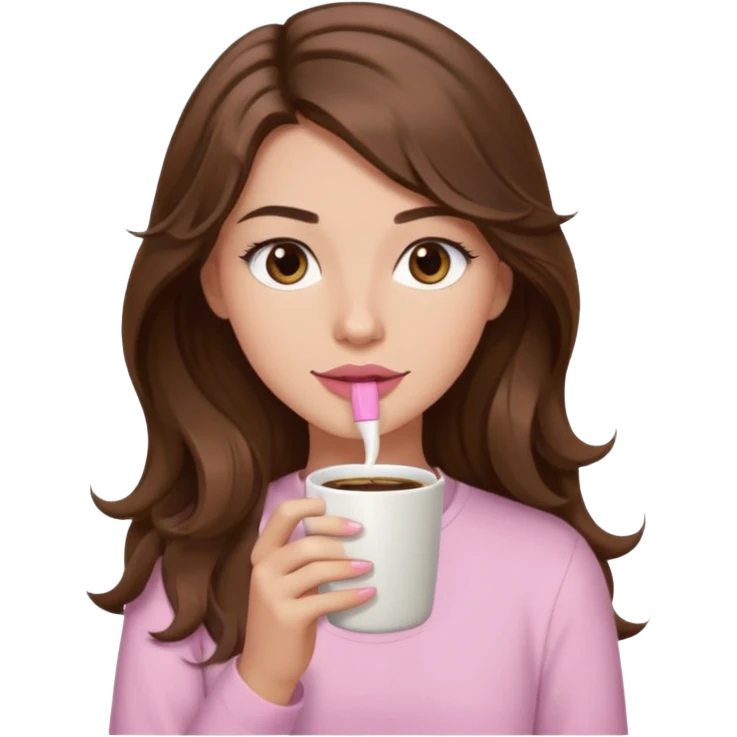 girl with wavy long brown hair, brown eyes, light to medium complexion, long lashes, light pink lipstick, wearing light pink shirt, sipping coffee emoji