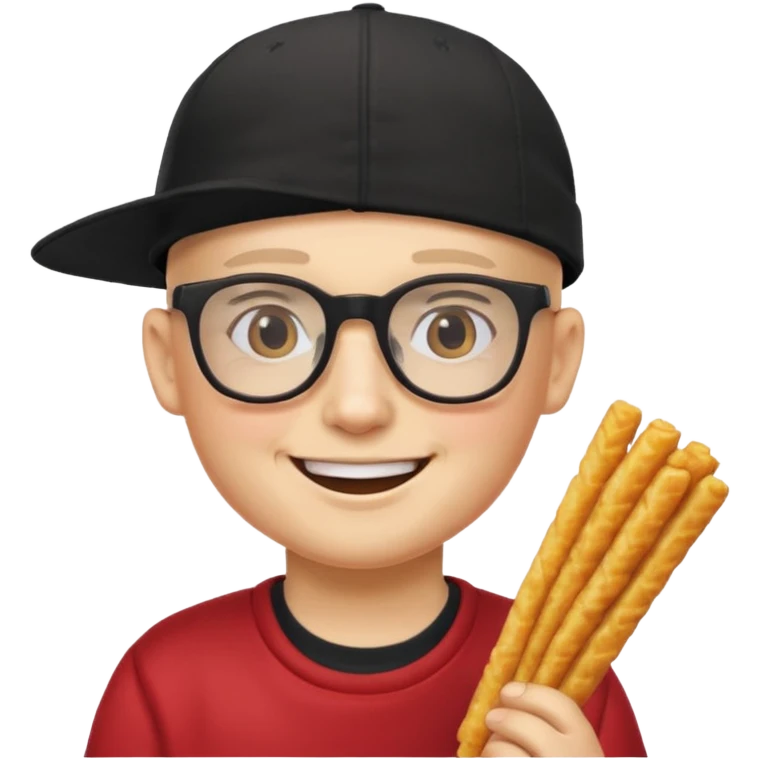 num num eatting hashbrown sticks with a plain black cap and glasses no hair emoji