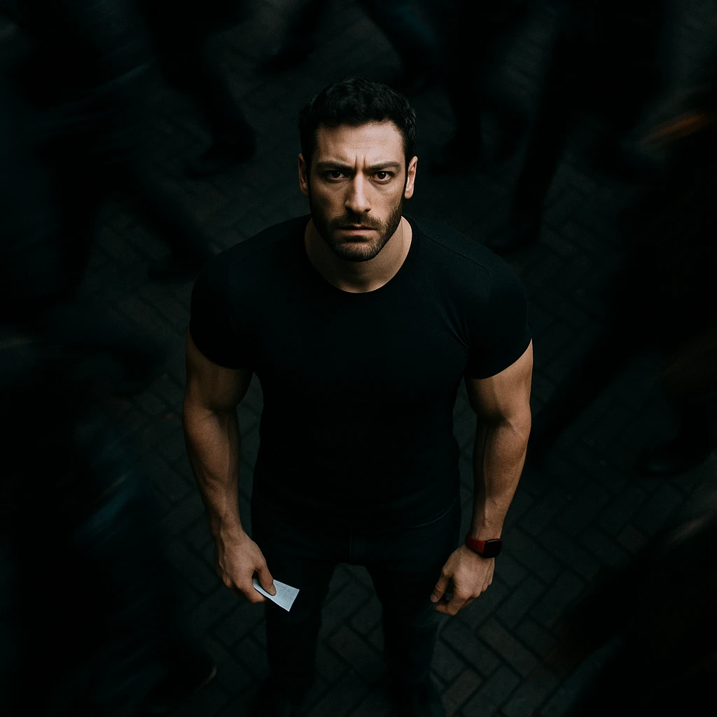 Create a cinematic overhead shot of the person from the reference image. The person should be athletic and well-muscled (not exaggerated, but clearly fit), standing still on a brick city sidewalk. Remove the headphones and change the shirt to black. Surround the subject with a motion-blurred crowd rushing past. Use moody lighting with a 35mm film look, shallow depth of field, and sharp focus on the subject. The atmosphere should be urban and cinematic. emoji