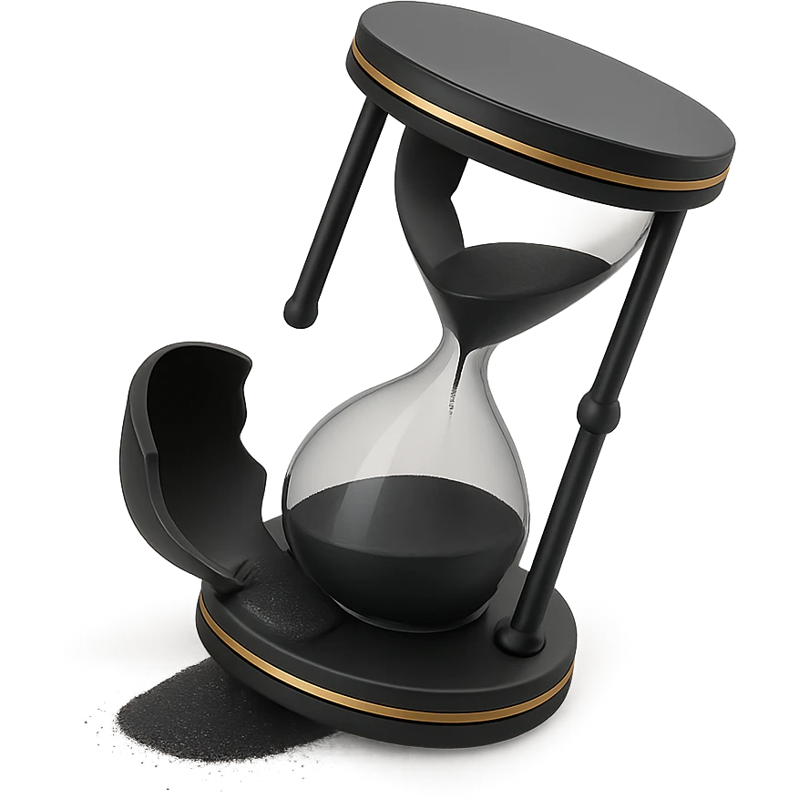 a broken hourglass with spilled sand in 3D black style emoji