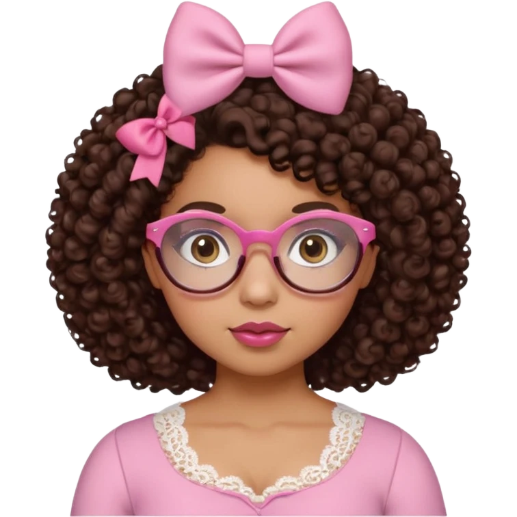 medium-light kinned afro-latina girl with medium length chocolate brown side part curly hair, small pink bow, brown glasses, brown eyes, pink and white sweetheart necklined top with lace, round wide-ish nose, chubby oblong face emoji