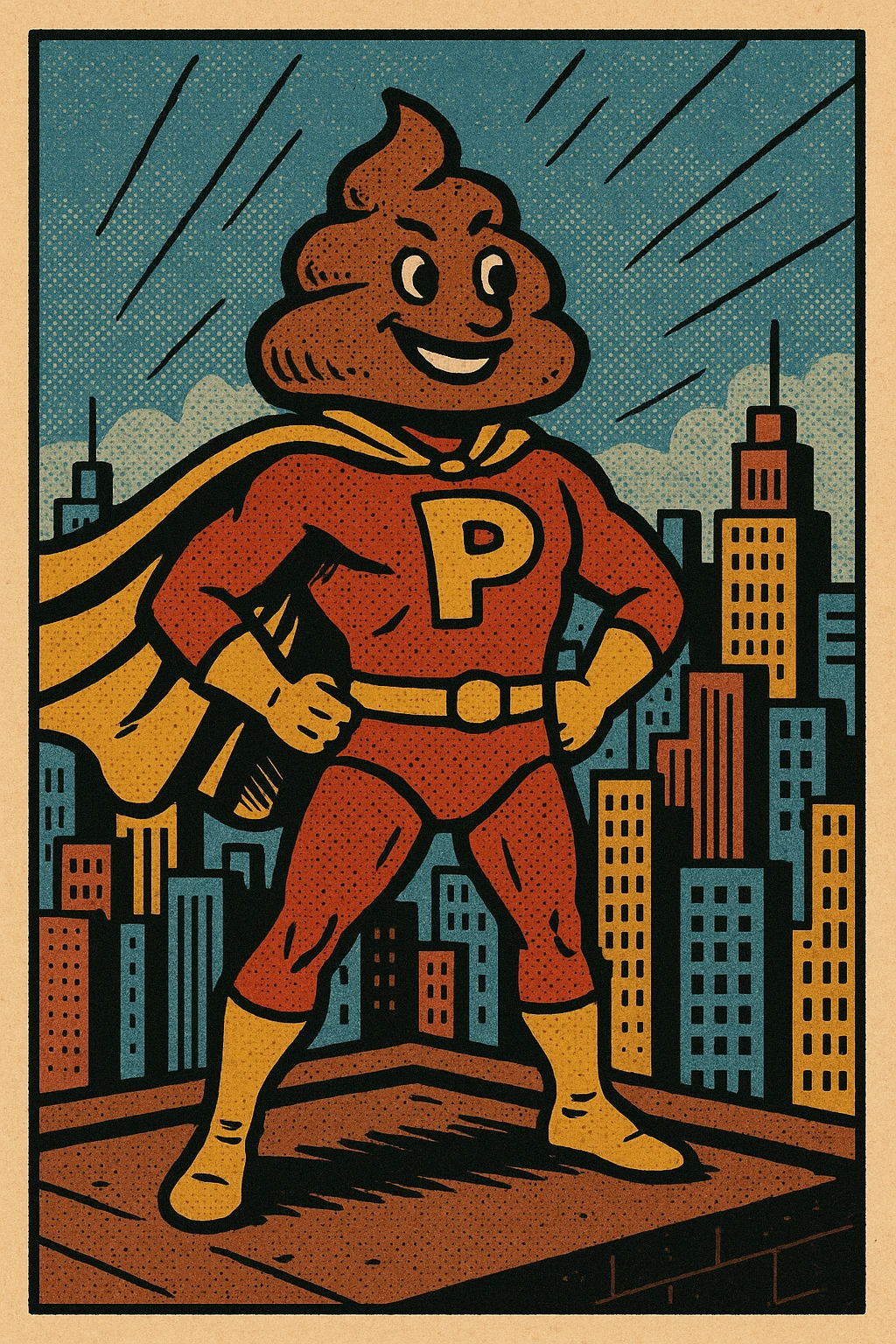 poop man superhero, standing on a rooftop, city background, comic style emoji