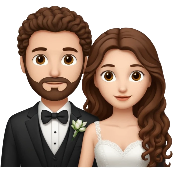 wedding couple woman with long straight brown hair and eyes man with long brown curly hair and facial hair emoji