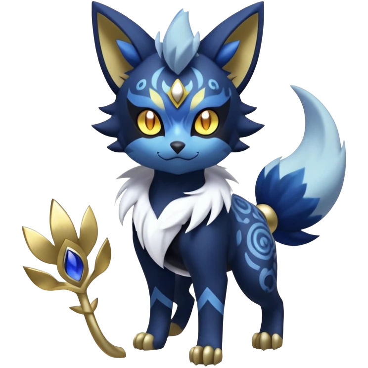 Shiny mExotic Badass Colorfulj Ethereal Royal Mysterious Gothic Meowstic-Zorua-Litten-Noibat-Pokémon-Fakémon-hybrid-creature (full body) with pattern-markings with golden eyes emoji