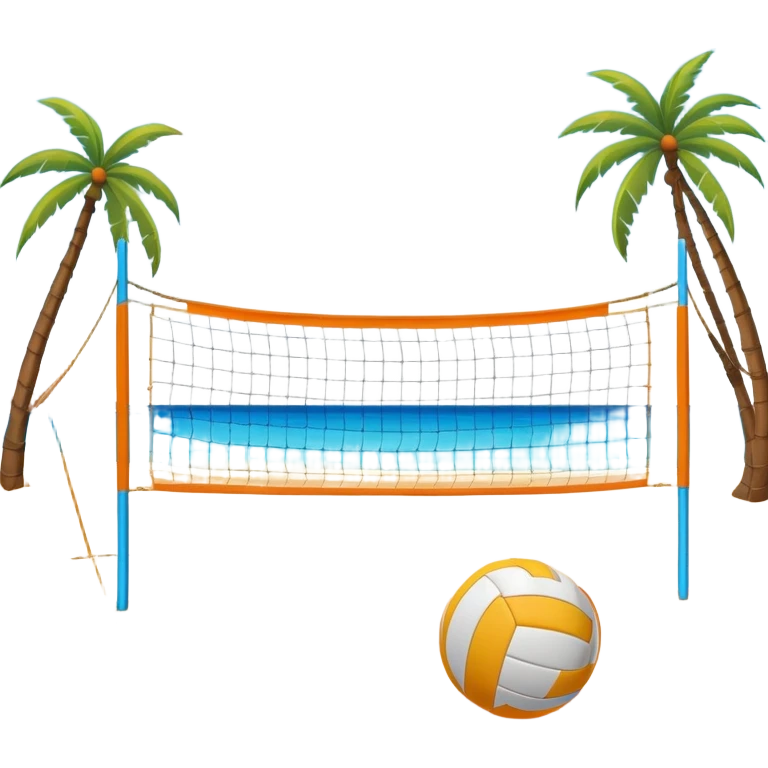 The scene captures a sunny sea beach atmosphere with clear blue sea and sky, palm trees swaying. A volleyball resting on the orange sand ground of a beach, with a volleyball net in the background.  emoji