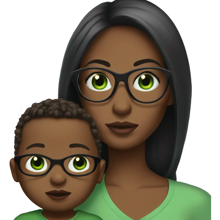 Black not that long straight hair with green eyes and glasses, big lips white girl holding one year old green eyes white baby son emoji