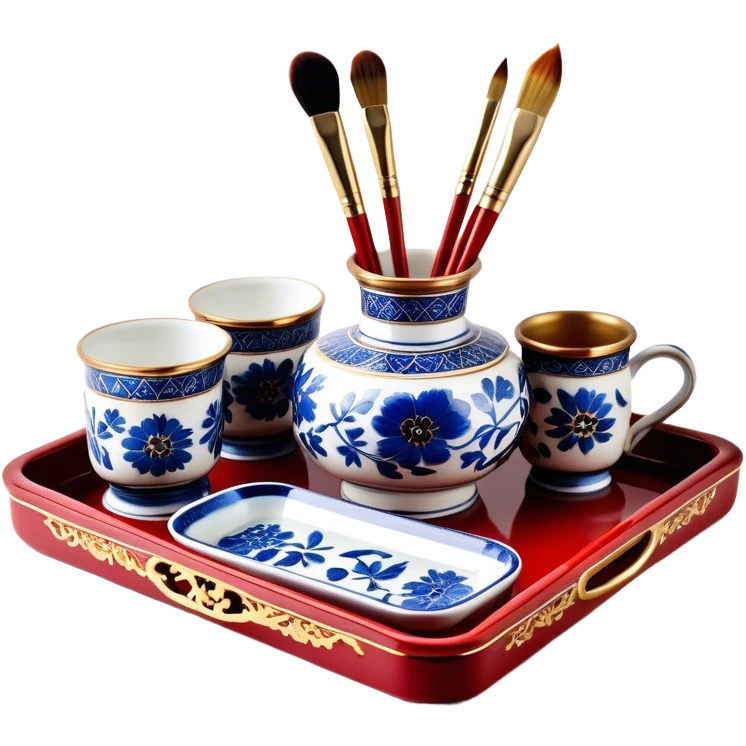 Metal painting icon, a metal vase, tray and metal cup with 3 brushes, each decorated with different techniques: Gzhel-style blue floral patterns, Chinese red and gold designs, and intricate Golden embroidery-style details. Visible fine paintbrush, paint pots, and accessories like porcelain palette, minimalistic style, clean lines, transparent background. emoji