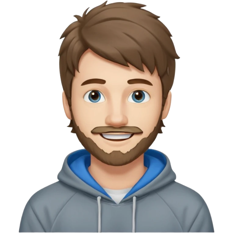 20 year old man, short scruffy beard and thin moustache, brown puffy mullet, blue eyes, big smile, white teeth, big lips, pronounced jaw, hair longer in back, sticking up on top, thin face, grey hooded sweatshirt, pale skin, big smile, blue eyes, puffy hair that is long in back, blue eyes, no bangs emoji