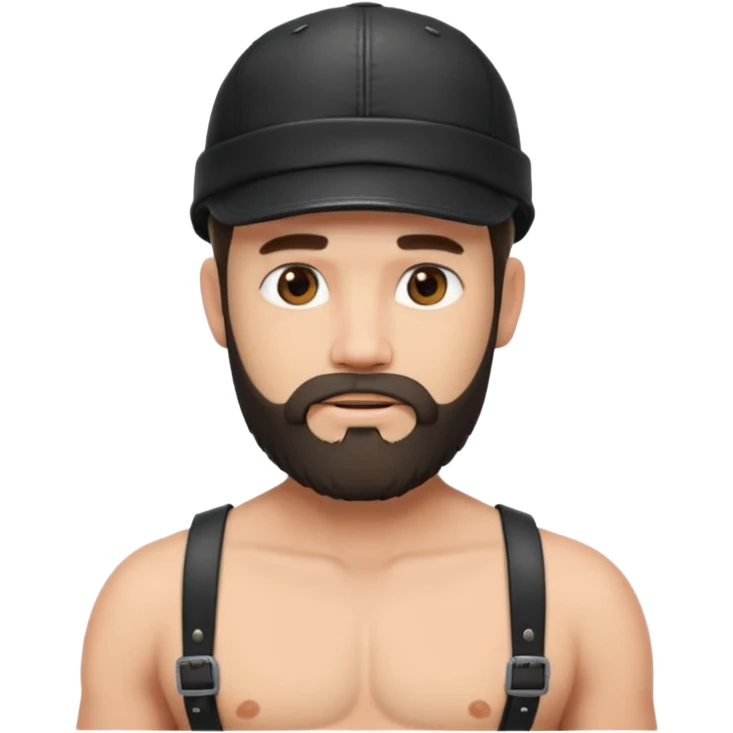 a bearded, leather Dom with a black leather cap and black chest harness over a naked chest emoji