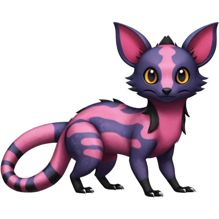 Rare epic aesthetic colorful Salandit-Noibat-Eevee-Civet-species-Fakemon-hybrid-creature, with markings, full body emoji