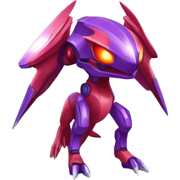 a shiny purple-red Genesect-Raptor-Fakémon—hybrid with a futuristic visor-helmet full body emoji