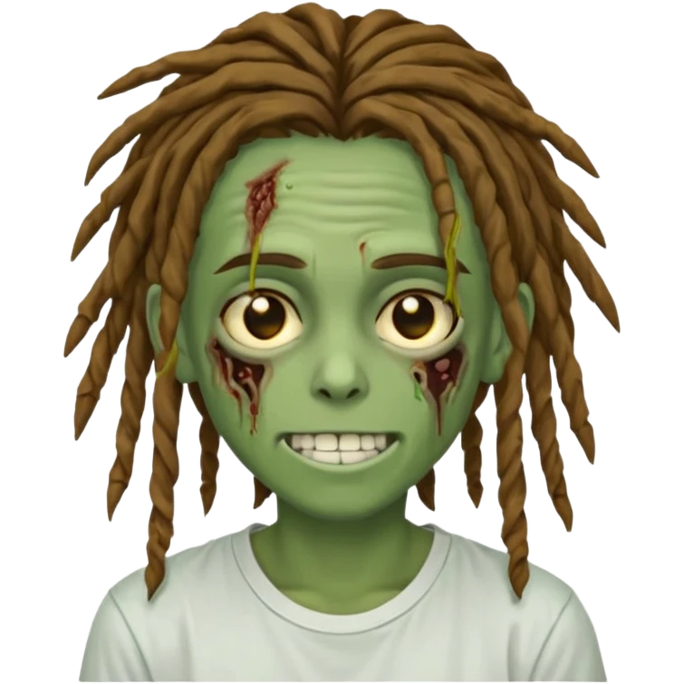 zombie teen with brown dreads covering forehead white tee golden eyes light green skin  and white smile emoji