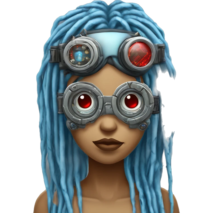 Light blue long dreadlocks female cyborg head with red steampunk goggles and circuits emoji
