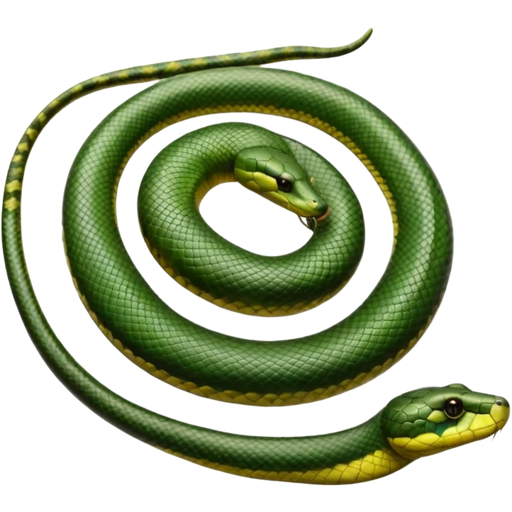 A photo-realistic top-down view of a Green Anaconda tightly coiled in a spiral, with its broad, flat head resting at the center. Its olive-green body is thick and muscular, patterned with symmetrical, bold black oval spots that flow along its smooth, glossy scales. emoji