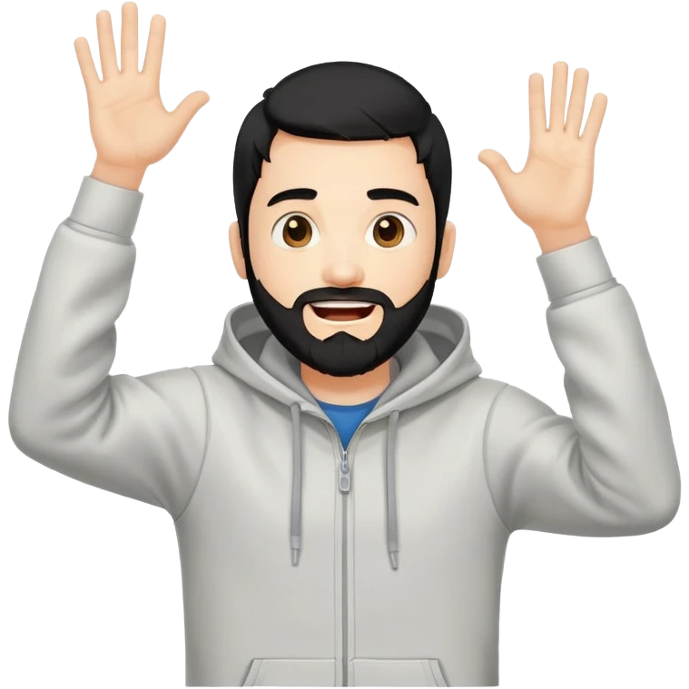 male coder with black hair, beard, and white skin, wearing a hoodie, excitedly raising arms in celebration after solving a coding problem, computer in front of him emoji