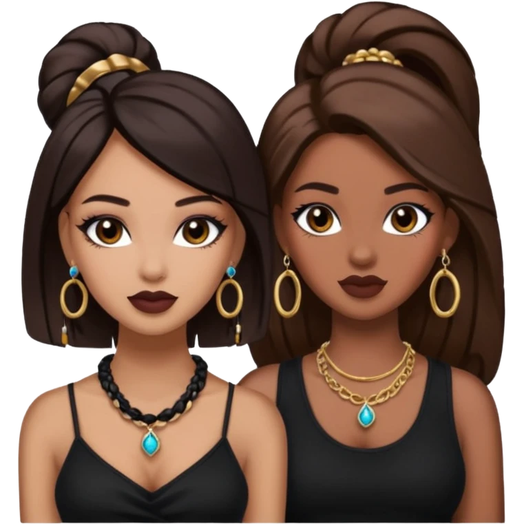 Boujy baddie best friends, trendy heavy makeup both dark hair one light skinned and one mocha brown pretty hair both wearing black and earrings and necklace one mocha brown skin better ones please  emoji