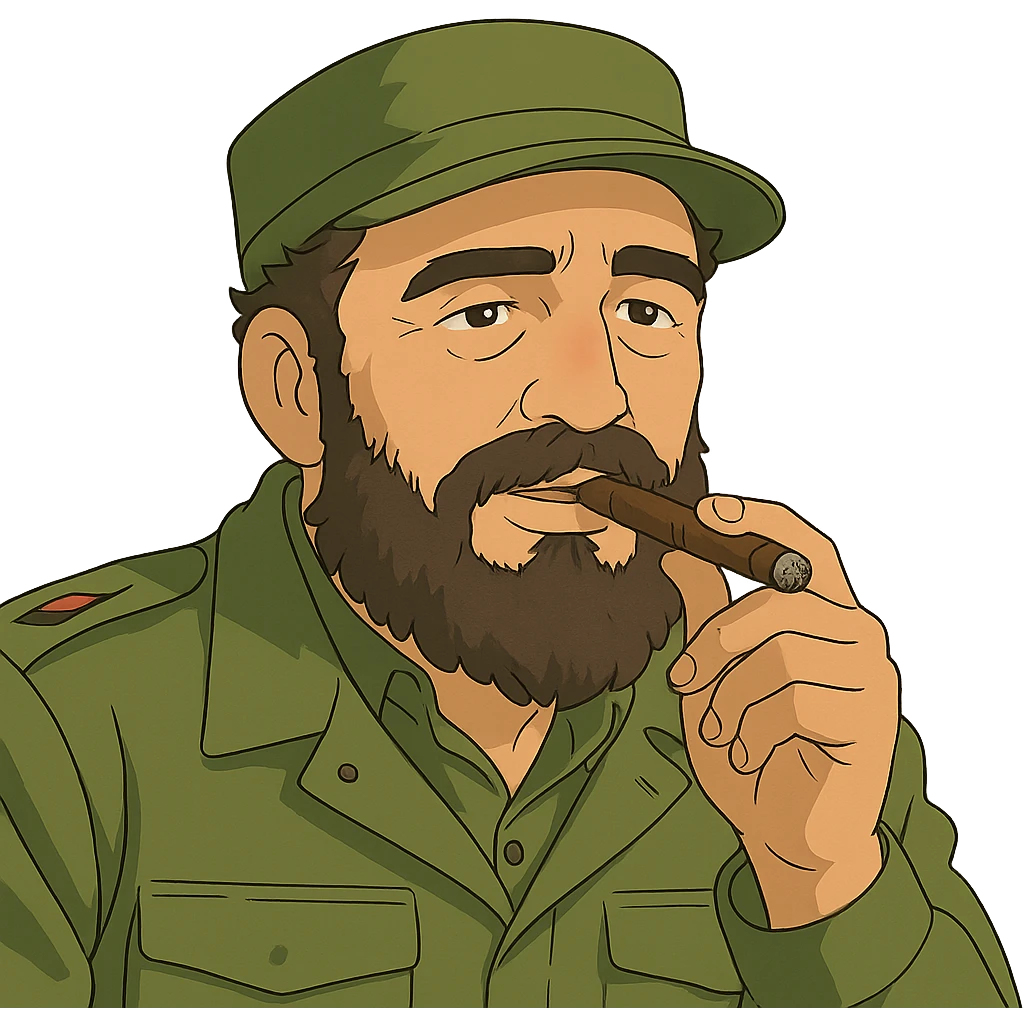 ghibli style illustration of Fidel Castro with a cigar emoji