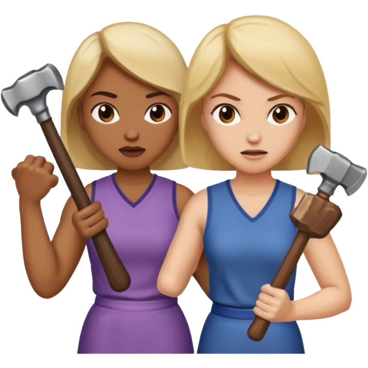 woman fightng man with a hammer and winning emoji