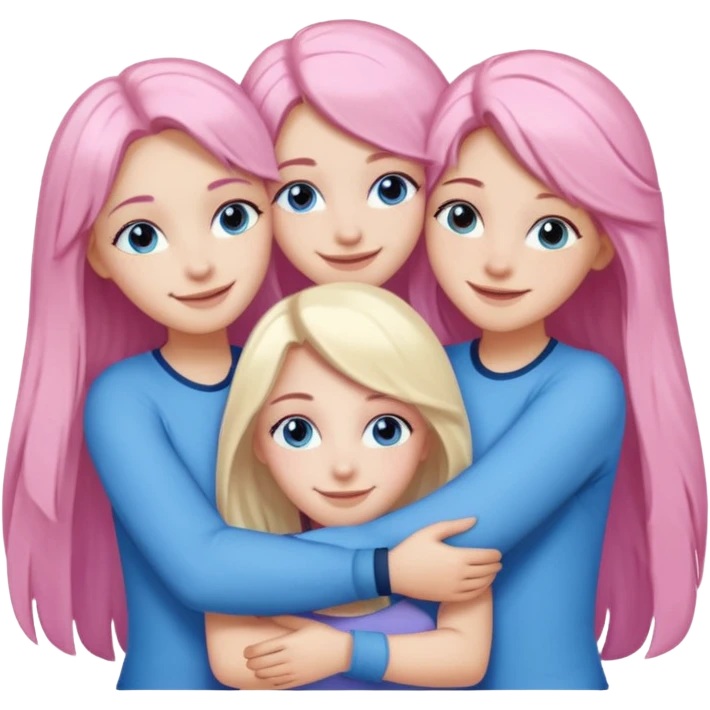 four white grips hugging and smiling    2 girls with brown eyes and long dark brown hair. One girl with long light pink hair and blue eyes, one girl with blue eyes and light blonde hair emoji