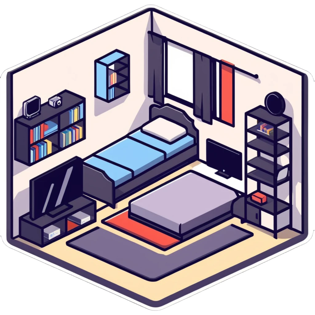 isometric view of teen bedroom layout with gaming setup, bed, and bookshelf emoji