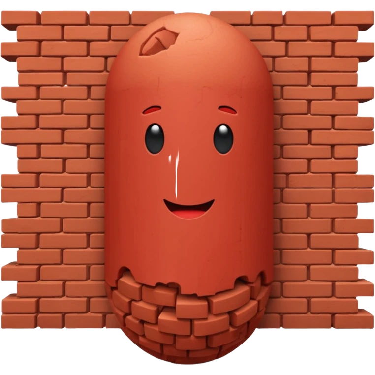 Penis shaped monolith made of layered red bricks, with one sphere made of layered red bricks on each side of the bottom emoji