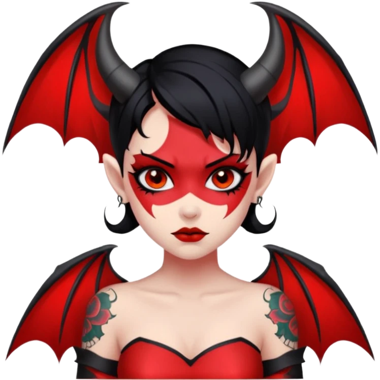 Demon girl: red skin, black hair, small horns, bat wing; tattoo-flash comic style; red/black palette; bold outlines; dark background; no text. emoji