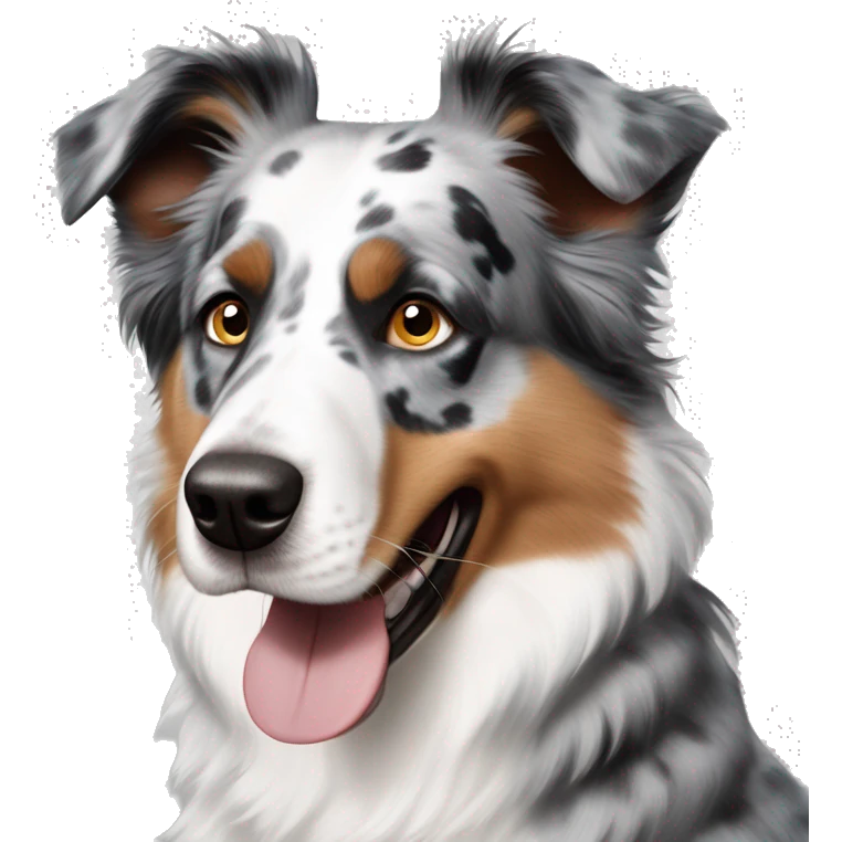 australian shepard dog blue merle with one blue and and one brown eye with gray fur around his eyes and brown till the fur around his nose which is white emoji