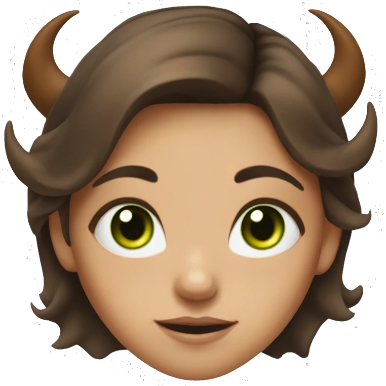 A girl with green eyes and brown hair shows a fac. The girl has demon horns on her head emoji
