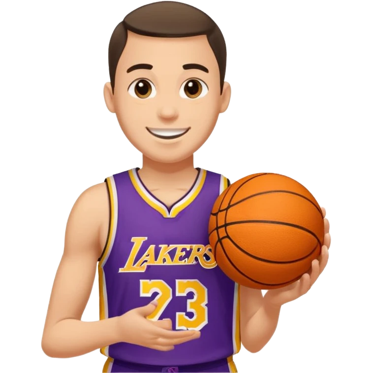 Joven con color de piel claro con uniforme de basquetball laker sosteniendo una pelota de basquet emoji