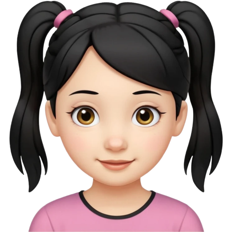 emoji-style portrait of a smiling girl with black hair parted in the middle tied into two small pigtails, round eyes, soft cartoon features, head and upper shoulders, clean lines, minimal white background, vibrant and simple emoji