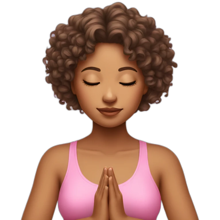 curly hair girl doing meditation wearing pink emoji