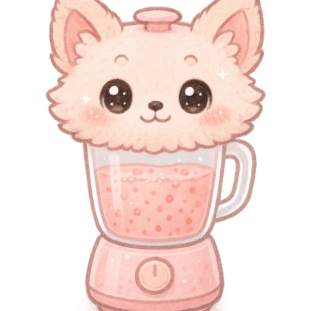 soft kawaii fluffy fox blender with transparent body and fruity smoothie inside, sparkling eyes, pastel pink, full-body emoji