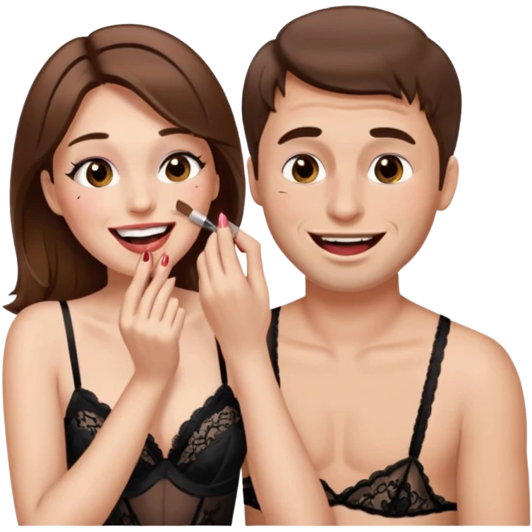 brown hair male getting sissified in lingerie dress by his wife. the wife is crying with laughter. she is doing the males makeup emoji
