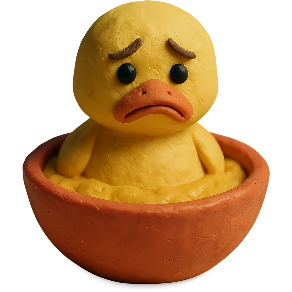 claymation style duckling in a honey bowl, sad face emoji