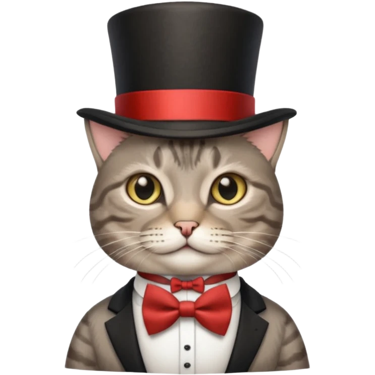 Grey tabby cat in top hat and bow tie emoji